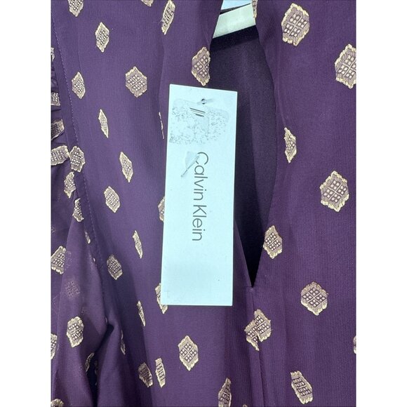 New CALVIN KLEIN Womens Size 2 Purple Gold Tie Cuffs Balloon Sleeve Shift Dress - Picture 8 of 11